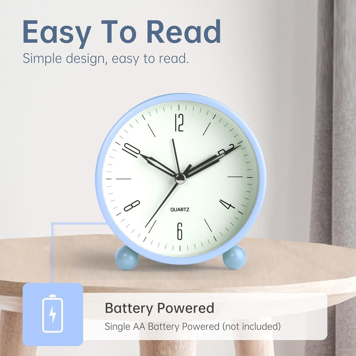 Analog Alarm Clock, 4 inch Super Silent Non Ticking Small Clock with Night Light, Battery Operated, Simple Design, Old fashioned Style SkyBlue decor, for Bedroom, Bedside, Desk, Adult, Gift, Blue