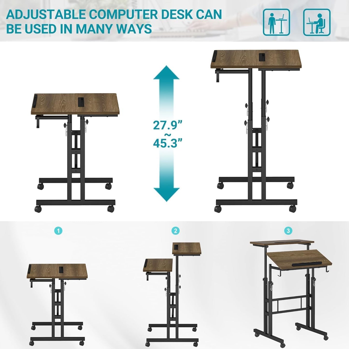 Klvied Stand Up Desk on Wheels, Portable Computer Desk for Home Office,Rolling Desk for Laptop with Removable Cup Holder, Adjustable Laptop Cart for Standing or Sitting,Raffia