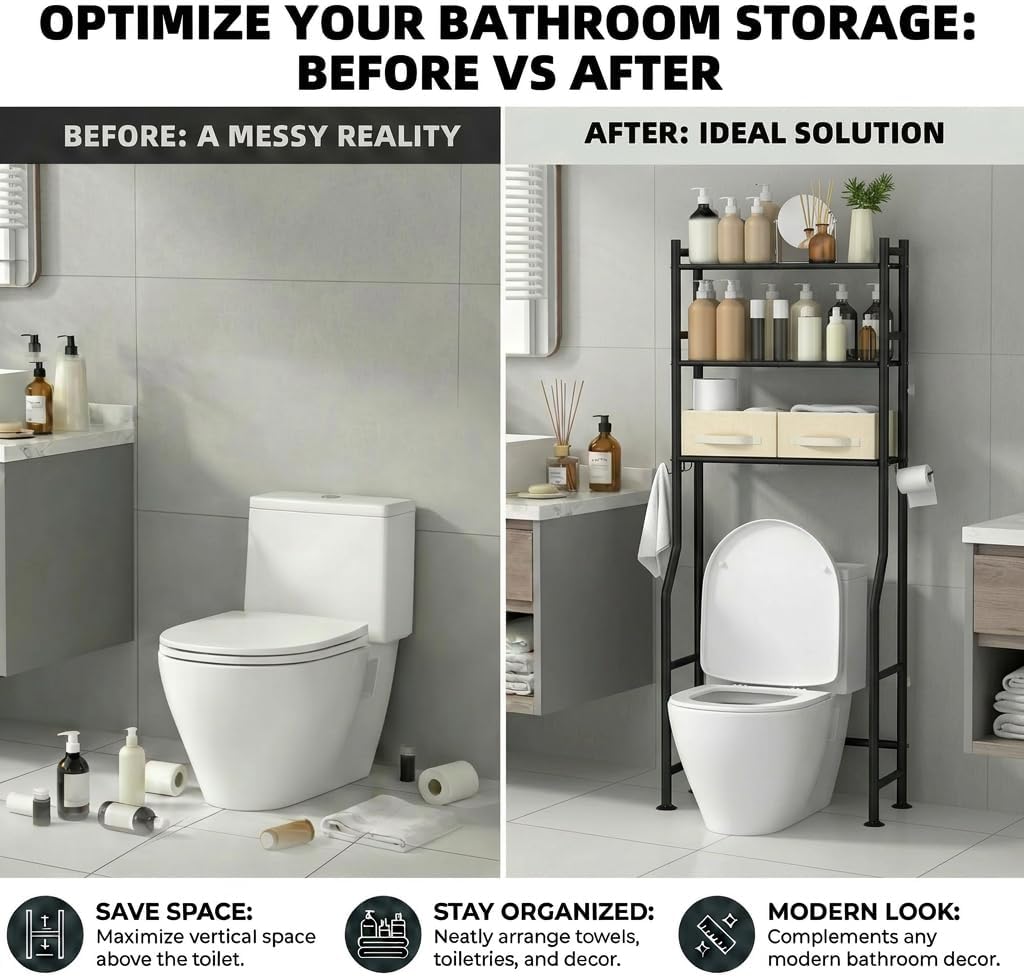 GloTika 3-Tier Over Toilet Storage with 2 Basket & Anti-Tilt System - 150lb Total Capacity Metal Bathroom Shelves Including Paper Holder & 4 Hooks, Space Saving Above Commode Organizer (64" H, Black)