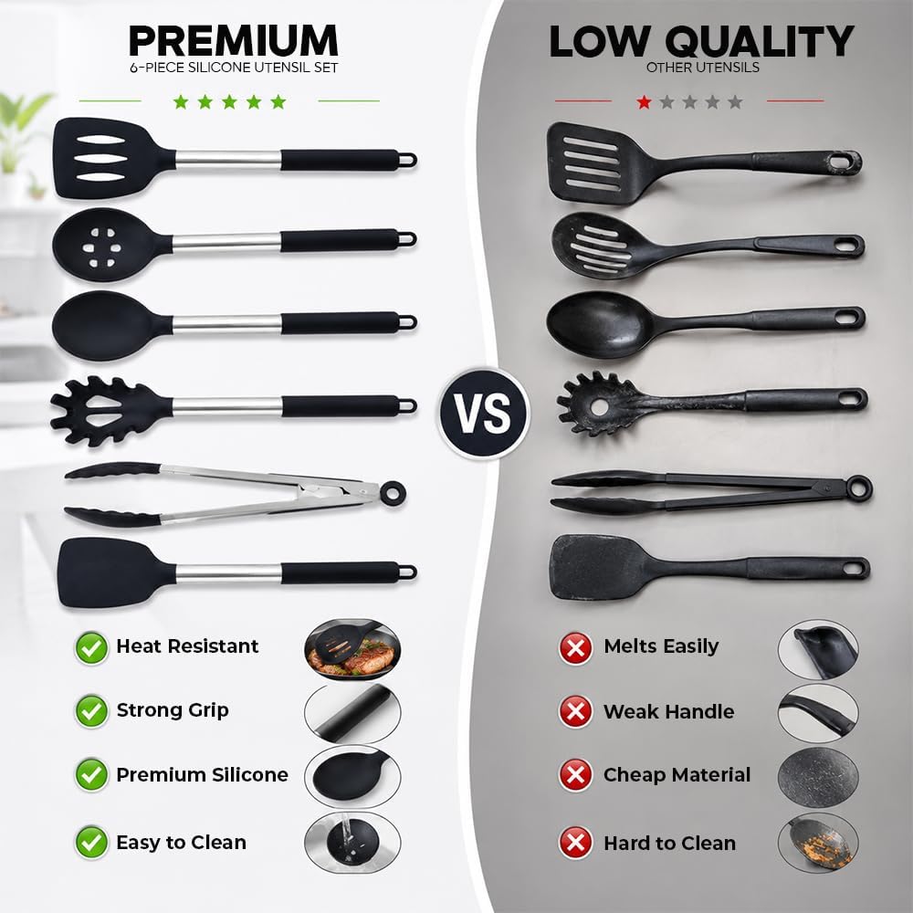 Silicone Cooking Utensils Set 6 PCS, Heat Resistant Non Stick Spatula Spoon Turner Kitchen Tools – BPA Free Non-Toxic Utensils for Nonstick Pots Pans, Baking Mixing Serving Accessories, Black