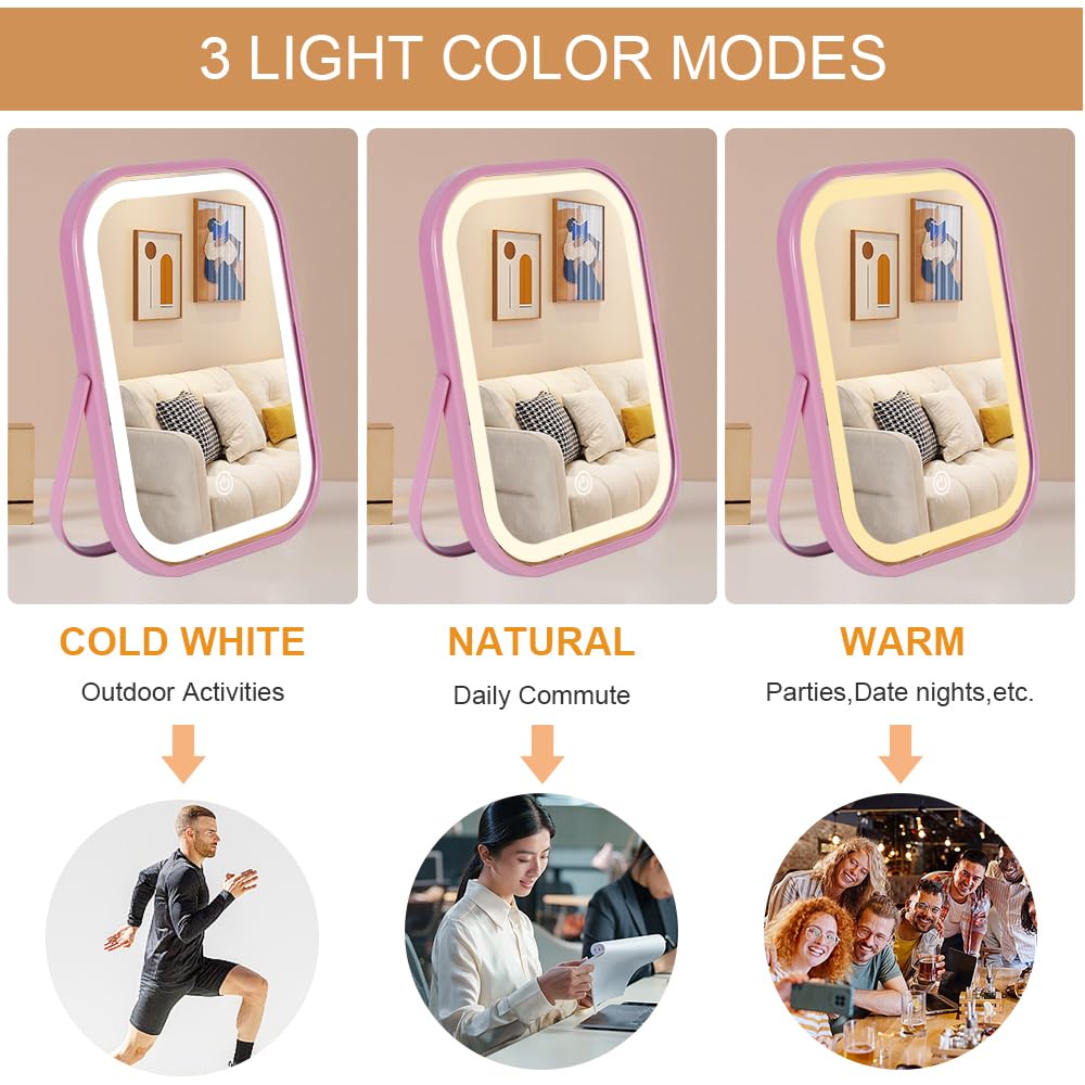 YEKKOPT Lighted Vanity Mirror, Rechargeable Travel Makeup Mirror with Lights, 8''x6'' Desk Mirror with Lights,Make up Mirror with Lighting for Makeup Desk ＆ Dressing Room