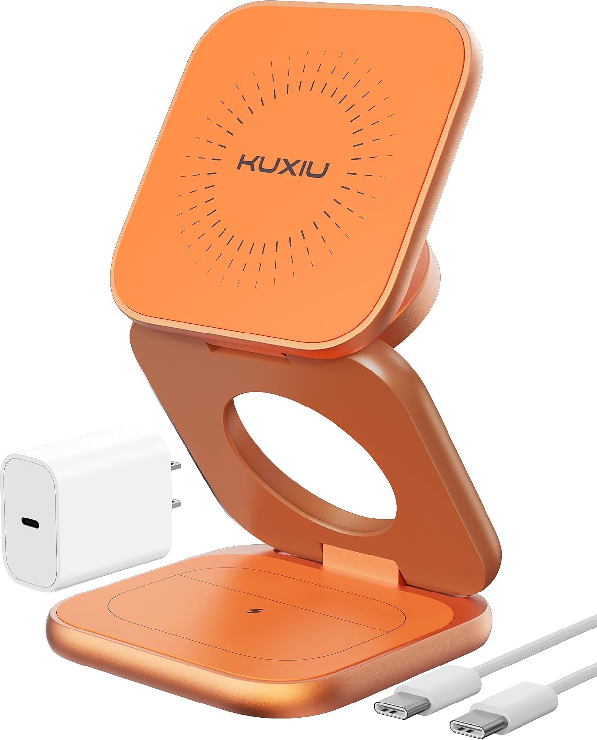 KU XIU Qi2.2 25W Magnetic Wireless Charger, Foldable 3 in 1 Travel Charging Station for iPhone 17/16/15/14/13/12, 5W for Apple Watch & AirPods, Aluminum Alloy Design, 45W GaN Adapter Included, Orange