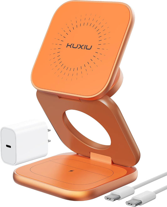 KU XIU Qi2.2 25W Magnetic Wireless Charger, Foldable 3 in 1 Travel Charging Station for iPhone 17/16/15/14/13/12, 5W for Apple Watch & AirPods, Aluminum Alloy Design, 45W GaN Adapter Included, Orange