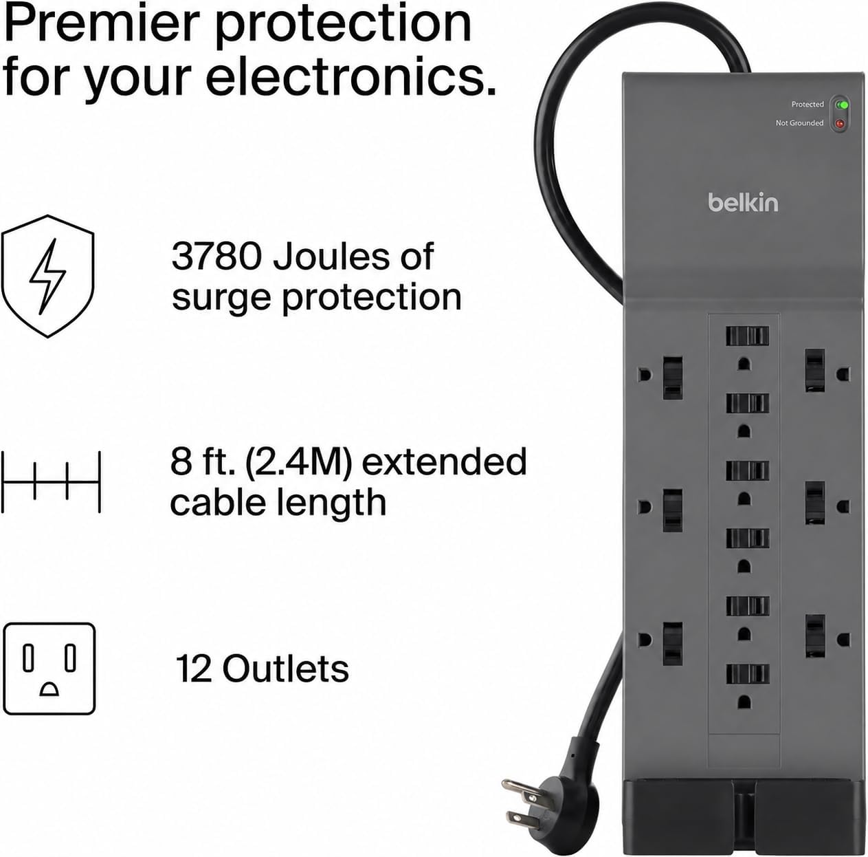 Belkin 12-Outlet Surge Protector Power Strip w/ 12 AC Outlets & 8ft Flat Plug, UL-Listed Heavy-Duty Extension Cord for Home, Office, Travel, Computer, Laptop, Charger - 3,780 Joules of Protection
