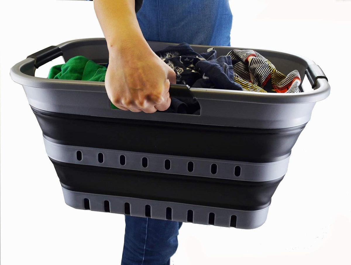 SAMMART 30L (8 Gallon) Collapsible 3 Handled Plastic Laundry Basket - Foldable Pop Up Storage Container/Organizer - Space Saving Hamper/Basket (Grey/Black)