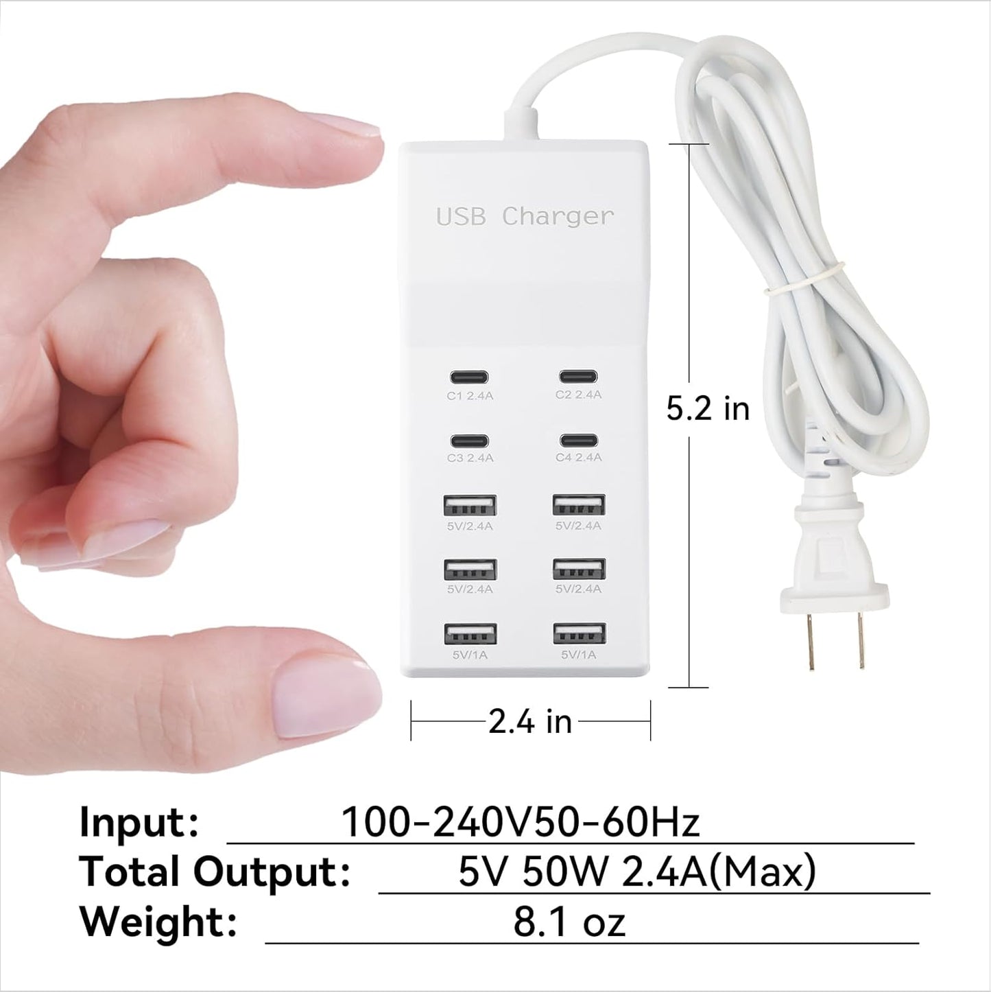 USB Charging Station with 6 USB-A and 4 USB-C Ports, 50W 10A USB Charger Block for Smart Phone, Tablet, Laptop, Multiple Devices - USB Power Strip with Auto-Detect Technology