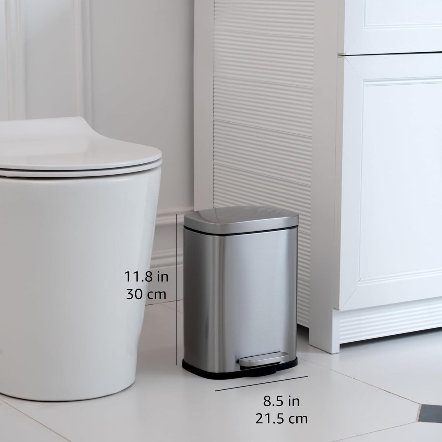Amazon Basics MINI Trash Can, 1.32 Gallon (5L) Smudge Resistant Rectangular Bin with Soft-Close Lid, Step Foot Pedal, Removable Inner Bucket, Brushed Stainless Steel, for Bathroom, Satin Nickel Finish