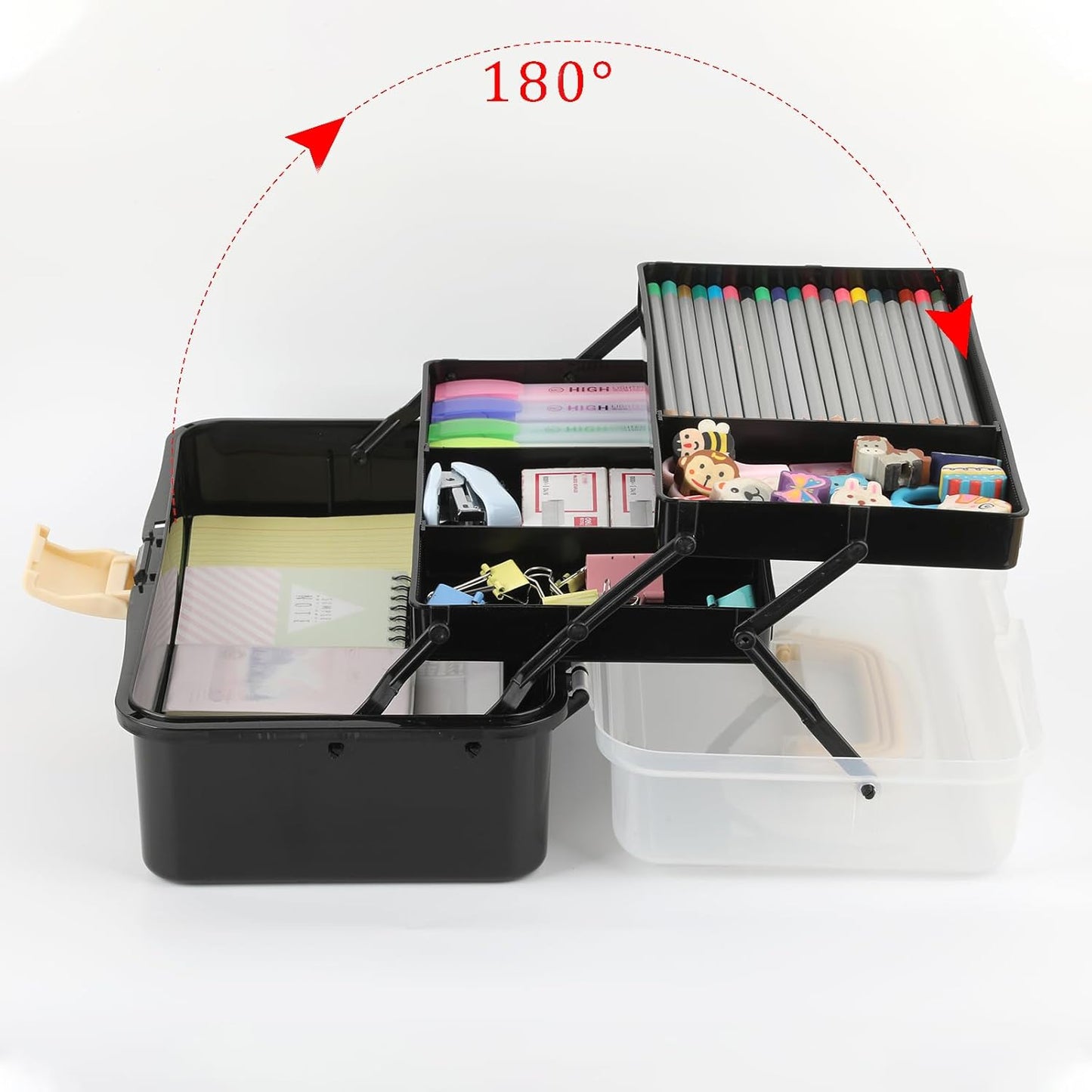 BTSKY 3-Layer Plastic Dividing Storage Box Craft Organizer with Adjustable Spacers Portable Handled Art Supply Organizer Multipurpose Home Utility Box for Sewing (Black+Beige)