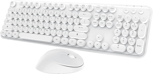 Wireless Keyboard Mouse Combo,104 Keys Cute Colorful Typewriter White