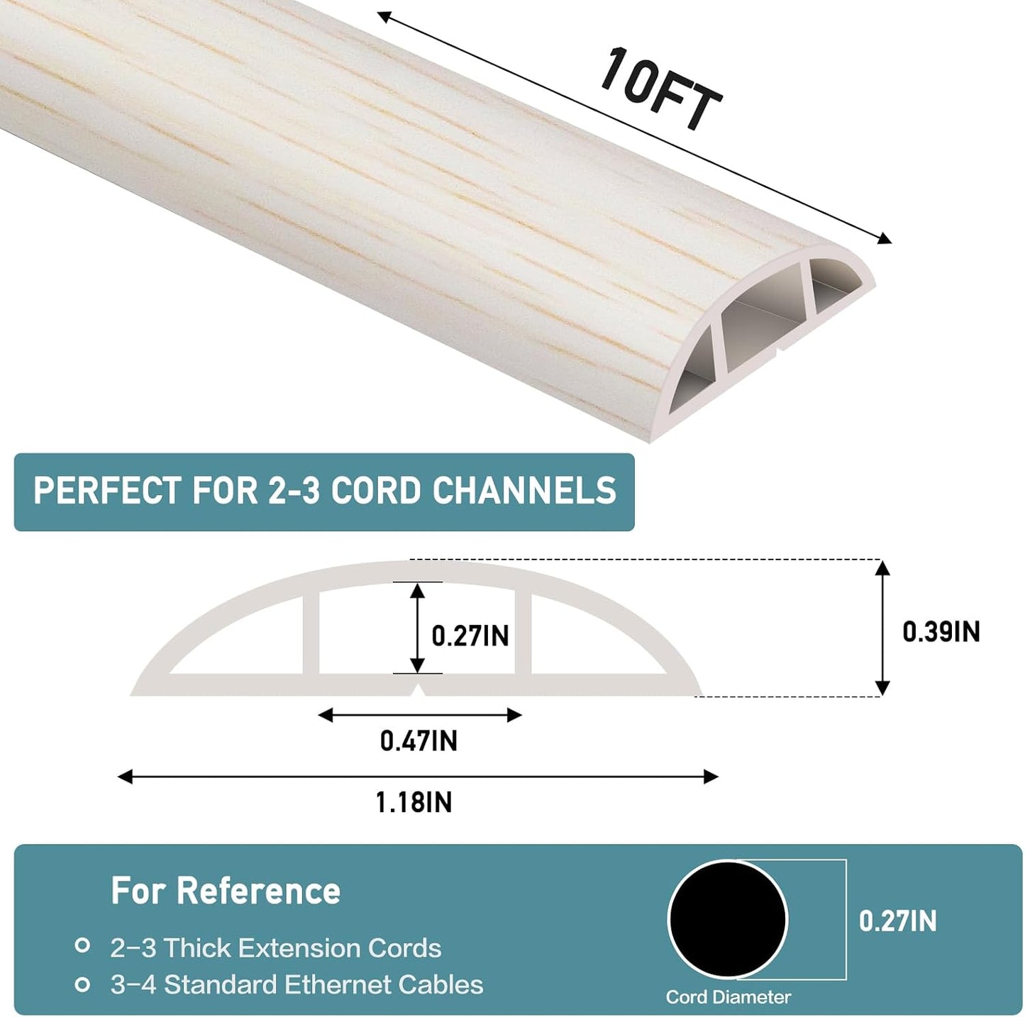 LSGCQ Floor Cord Cover Self Adhesive Cord Hider Floor Cable Management | Cord Covers for Wires on Floor Cable Cover, Prevent Cable Trips, Cable Cavity 0.47" W x 0.27" H, 10Ft, Beige Wood