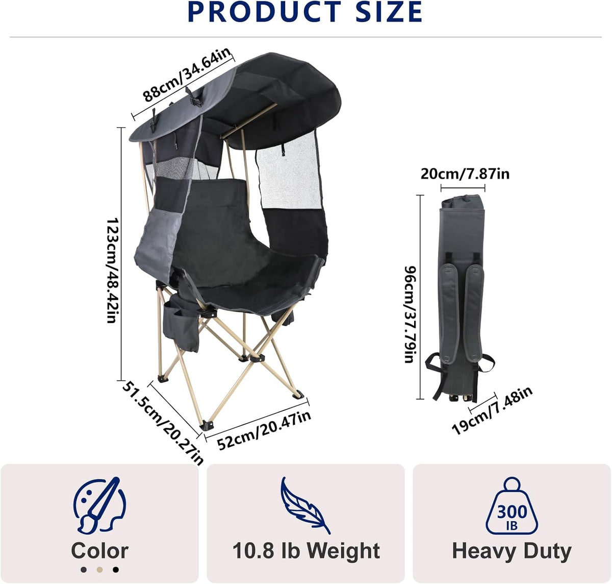 Folding Camping Chairs Canopy Outdoor: Sports Portable Beach Chair with Canopy-Lawn Beach Chairs with Umbrella for Adults-Camping Chair with Shade for Fishing Camp Heavy Duty (Regular, Grey)