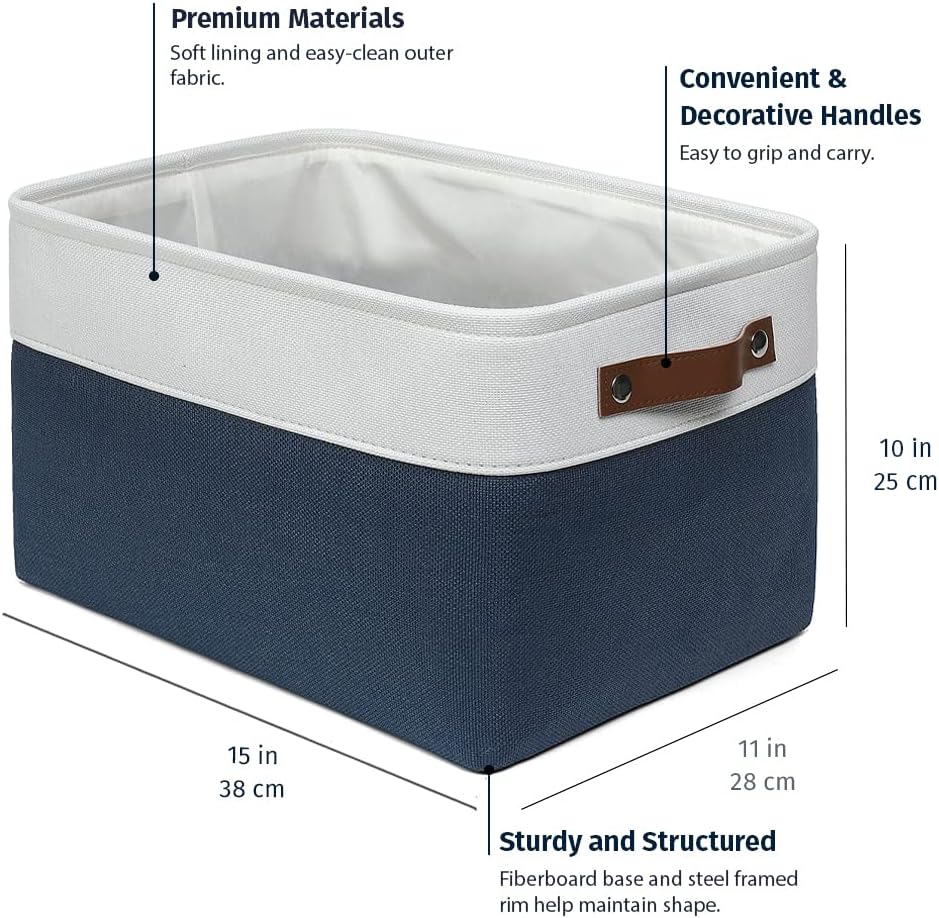 OrganiHaus 15x11in Canvas Storage Baskets 3 Pack | LARGE Fabric Bins for Shelves | Closet & Bedroom Storage | Navy Blue/Off-White