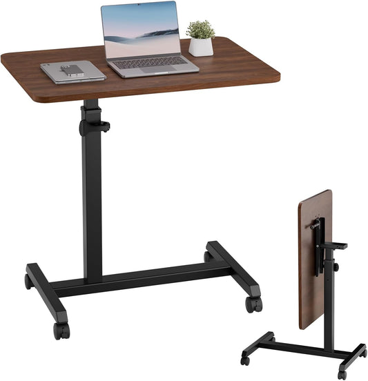 GTPLAYER Small Standing Desk, 24 Inches Foldable Mobile Rolling Laptop PC Table with Lockable Casters, Adjustable Height Overbed Bedside Table Computer Workstation for Home Office, Walnut-Foldable