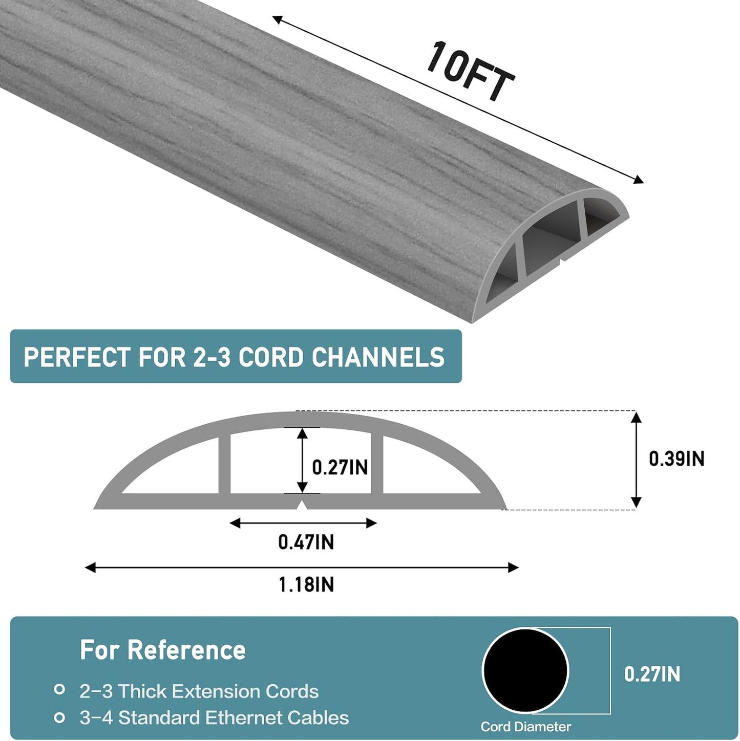 LSGCQ Floor Cord Cover Self Adhesive Cord Hider Floor Cable Management | Cord Covers for Wires on Floor Cable Cover, Prevent Cable Trips, Cable Cavity 0.47" W x 0.27" H, 10Ft, Light Grey Wood