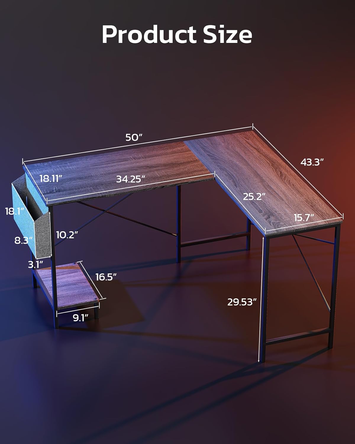 L Shaped Desk - 50" Reversible Home Office Computer Desk, Wood Top, Metal Frame, Side Bag, Sturdy Gaming Desk Corner Table for Work, Writing and Study, Space-Saving
