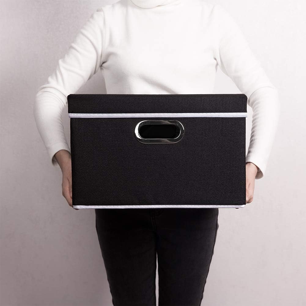 PRANDOM Foldable Storage Box with Lid [3-Pack] Fabric Collapsible Storage Bin Organizer Container Basket Cube with Cover for Home Bedroom Closet Office Nursery Black (14.9x9.8x9.8)