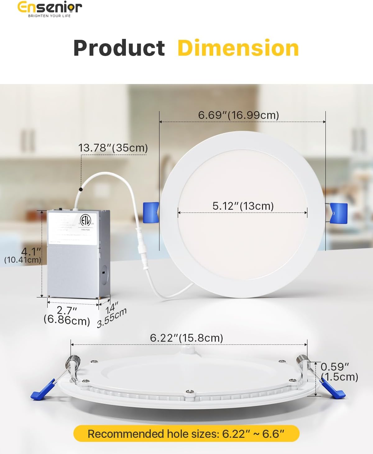 Ensenior 12 Pack 6 Inch LED Recessed Ceiling Light, Dimmable, 5000K Daylight, 1050LM 12W 120V, High Brightness Canless Wafer Downlight - ETL&FCC&IC