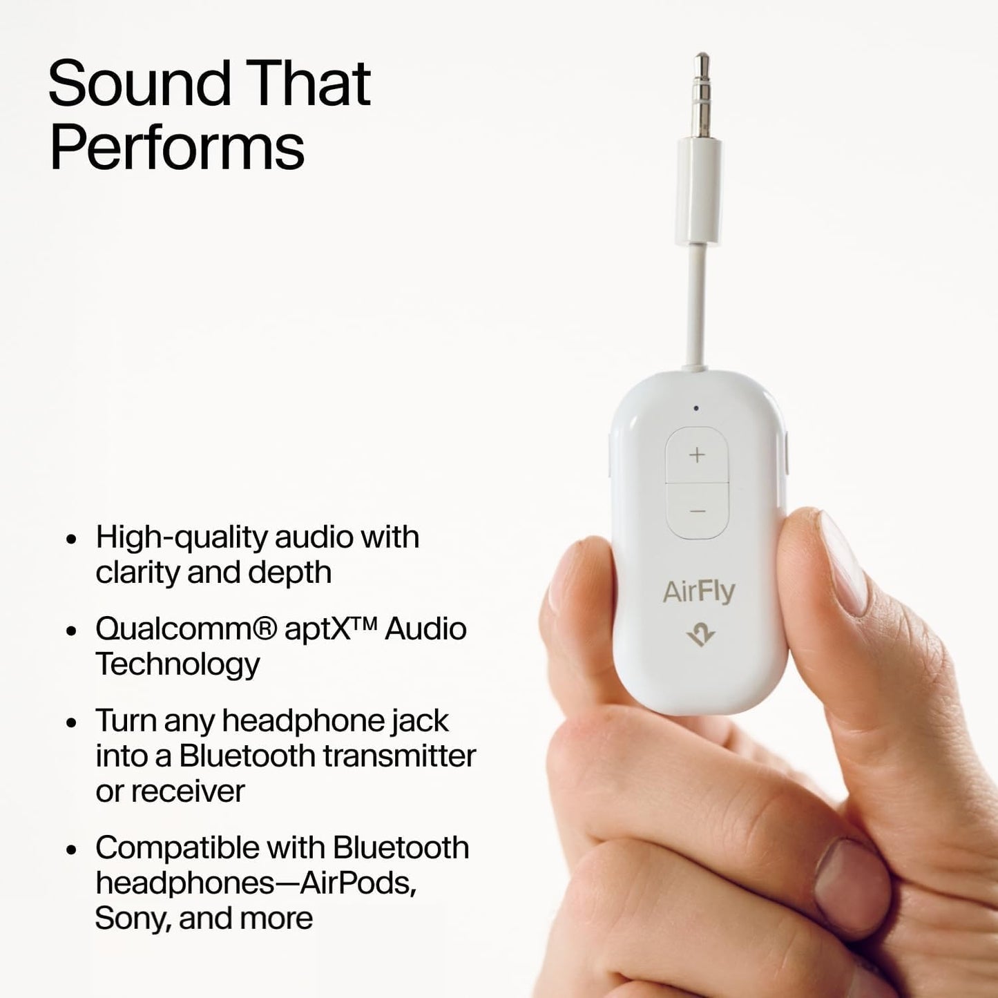 AirFly Pro 2 – Bluetooth Adapter, Pair 2 AirPods or Wireless Headphones – 3.5mm AUX Bluetooth Transmitter and Receiver for Cars, Boats, Treadmills, TVs & More – Travel Essentials,White