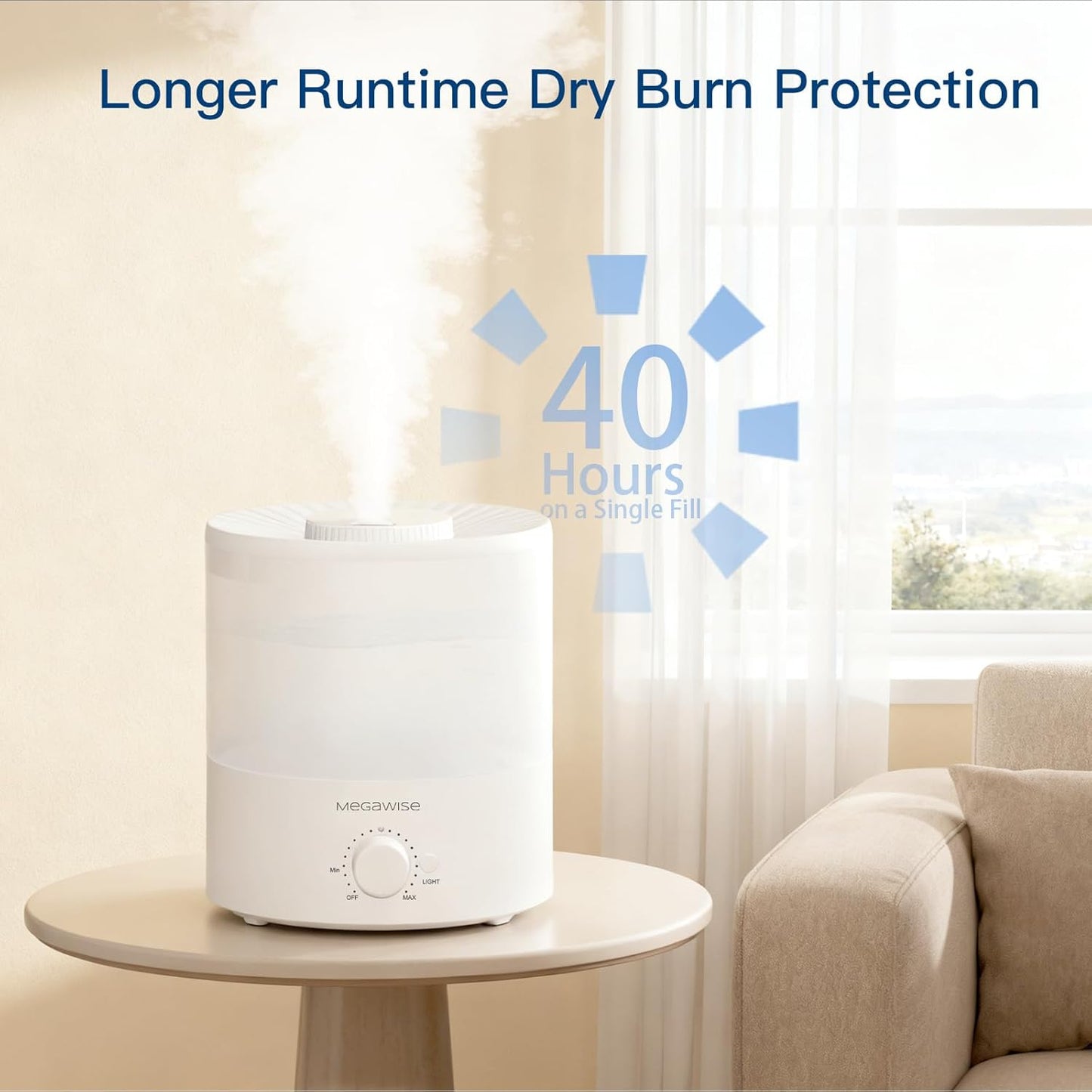 MEGAWISE 1.5L Large Cool Mist Humidifier for Large Spaces – Baby & Plant Safe Ultrasonic Aroma Diffuser, Quiet Operation for Bedroom, Home & Office, Adjustable Mist, Up to 10-Hour Run, Easy to Clean