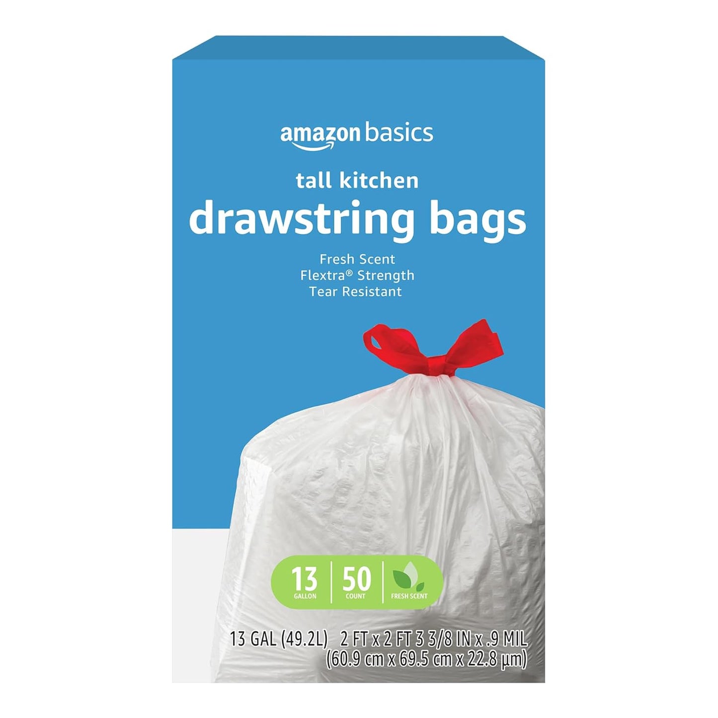 Amazon Basics Flextra Strength Tall Kitchen Drawstring Trash Bags,Fresh Scent,Tear Resistant,13 Gallon,50 Count (Pack of 2)