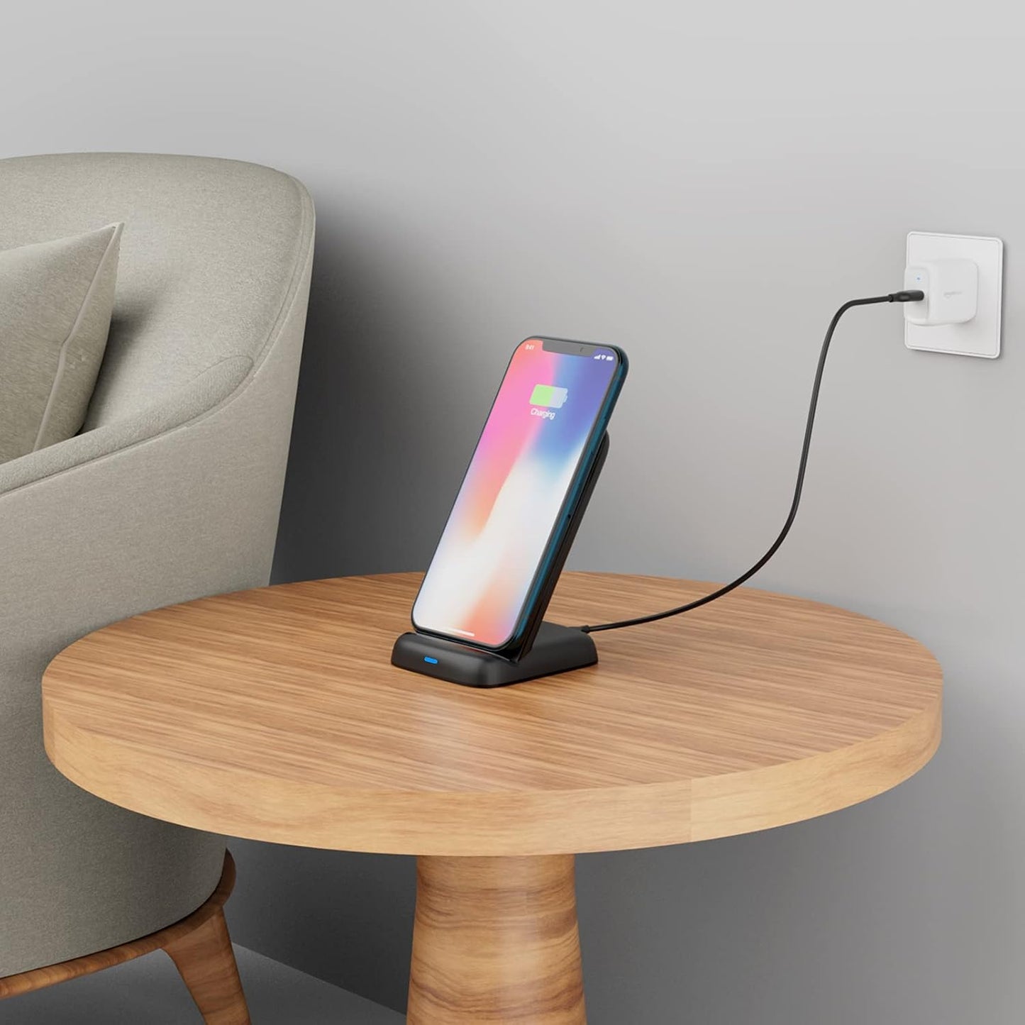 Amazon Basics Wireless Phone Charger Stand, 10W Qi Certified with USB Cable, Compatible with iPhone 16/15/14/13/12/11/X, Samsung & More, with USB Cable, Black (No AC Adapter)
