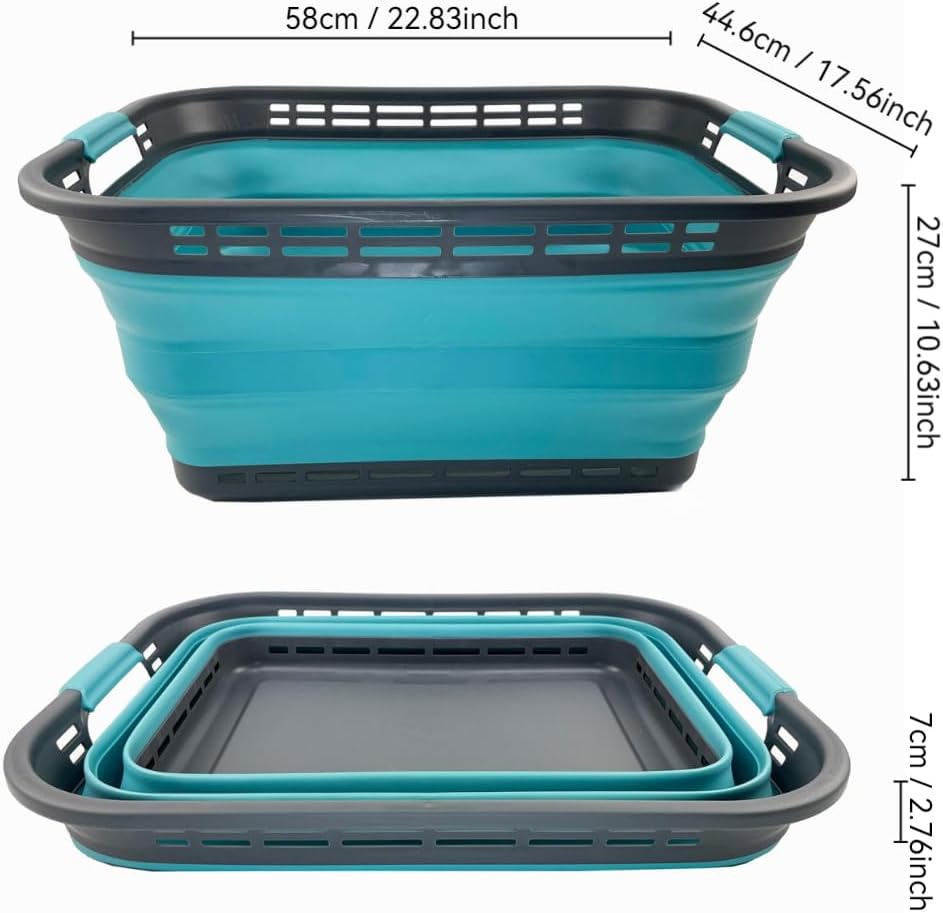 SAMMART 42L (11 Galloons) Collapsible Plastic Laundry Basket - Foldable Pop Up Storage Container/Organizer - Portable Washing Tub - Space Saving Hamper/Basket[BPA Free] (Grey/Crystal Blue (Set of 2))