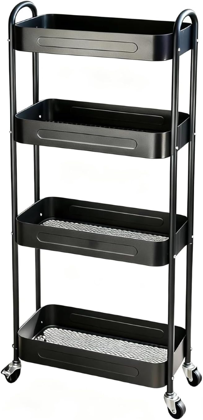 4 Tier Slim Storage Cart with Wheels for Laundry Room Between Washer and Dryer, 7.1'' Narrow Rolling Cart with Wheels and Lockable Casters, Metal Thin Standing Shelf for Small Space, Black