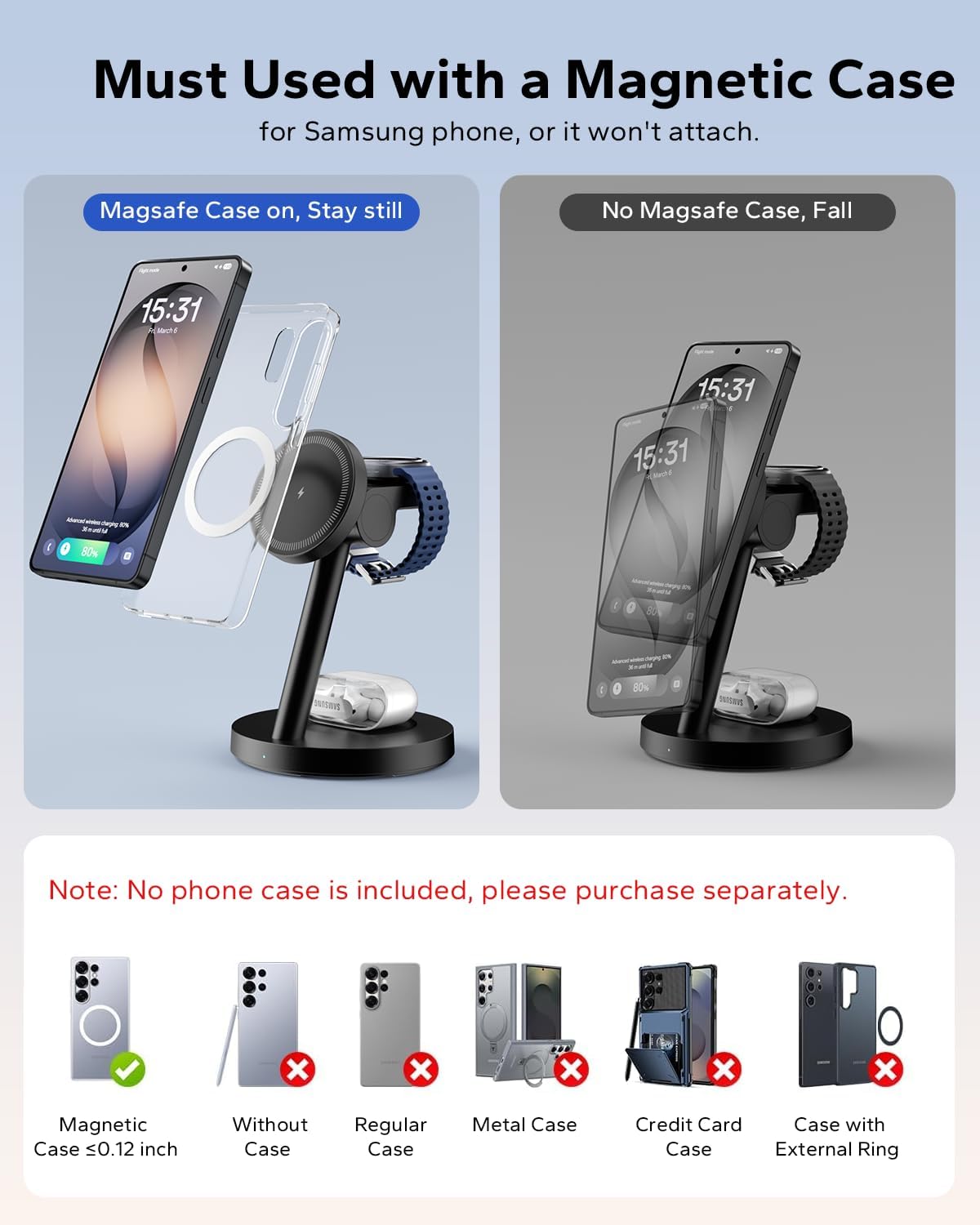 KPON for Samsung 3 in 1 Charging Station, Magnetic Wireless Charger Stand for MagSafe for Samsung Galaxy S26 Ultra/S25/Z Fold7/Flip7, Phone Watch Charger Dock for Galaxy Watch Ultra/8/7 and Buds