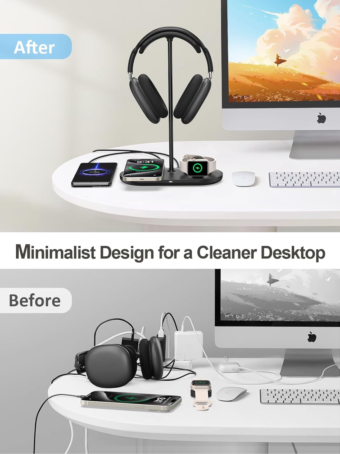 4 in 1 Headphone Stand, Airpod Max Charger Stand with 15W Wireless Charger