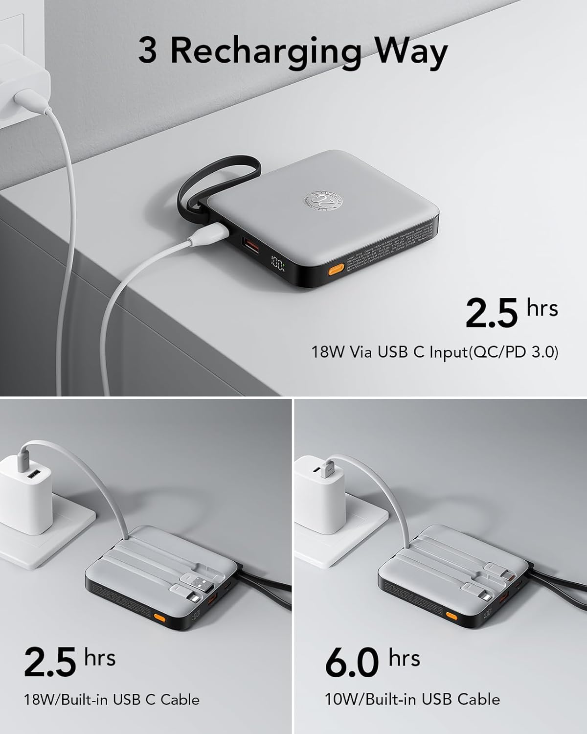 VRURC Portable Charger with Built-in Cable, 10000mAh 22.5W Fast Charging USB C Battery Pack, Cell Phone Power Bank for iPhone 17 16 15 Series Android Tablet (Grey)