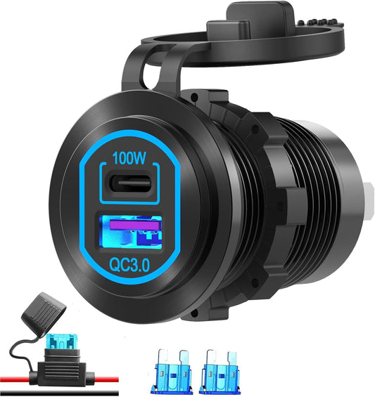 12V USB Outlet PD 100W USB C and QC3.0 18W Port Aluminum Car Charger Socket for Laptops Tablets Phones, Cigarette Lighter Replacement Car Accessories DIY for RV Camper Truck Boat Golf
