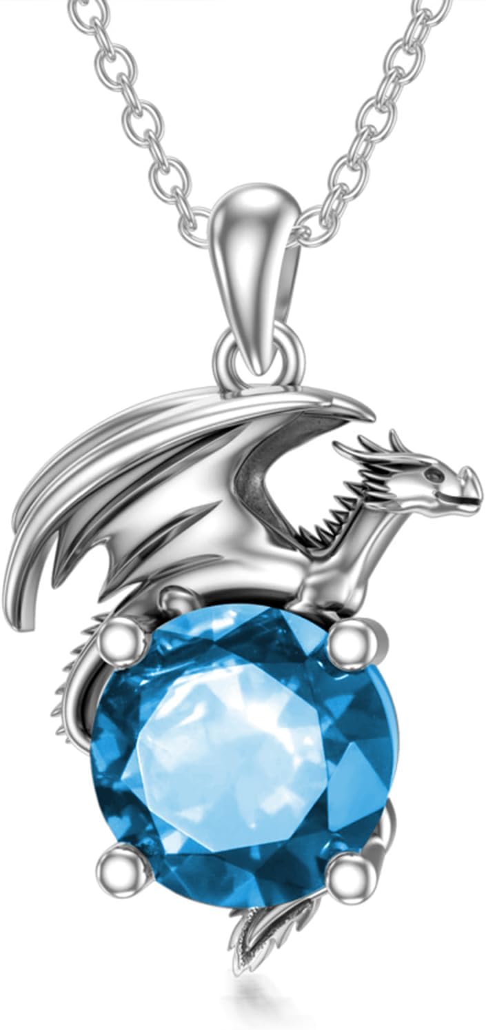 Dragon Necklace for Women/Men Sterling Silver Necklace with Birthstone Gift for Women/Men