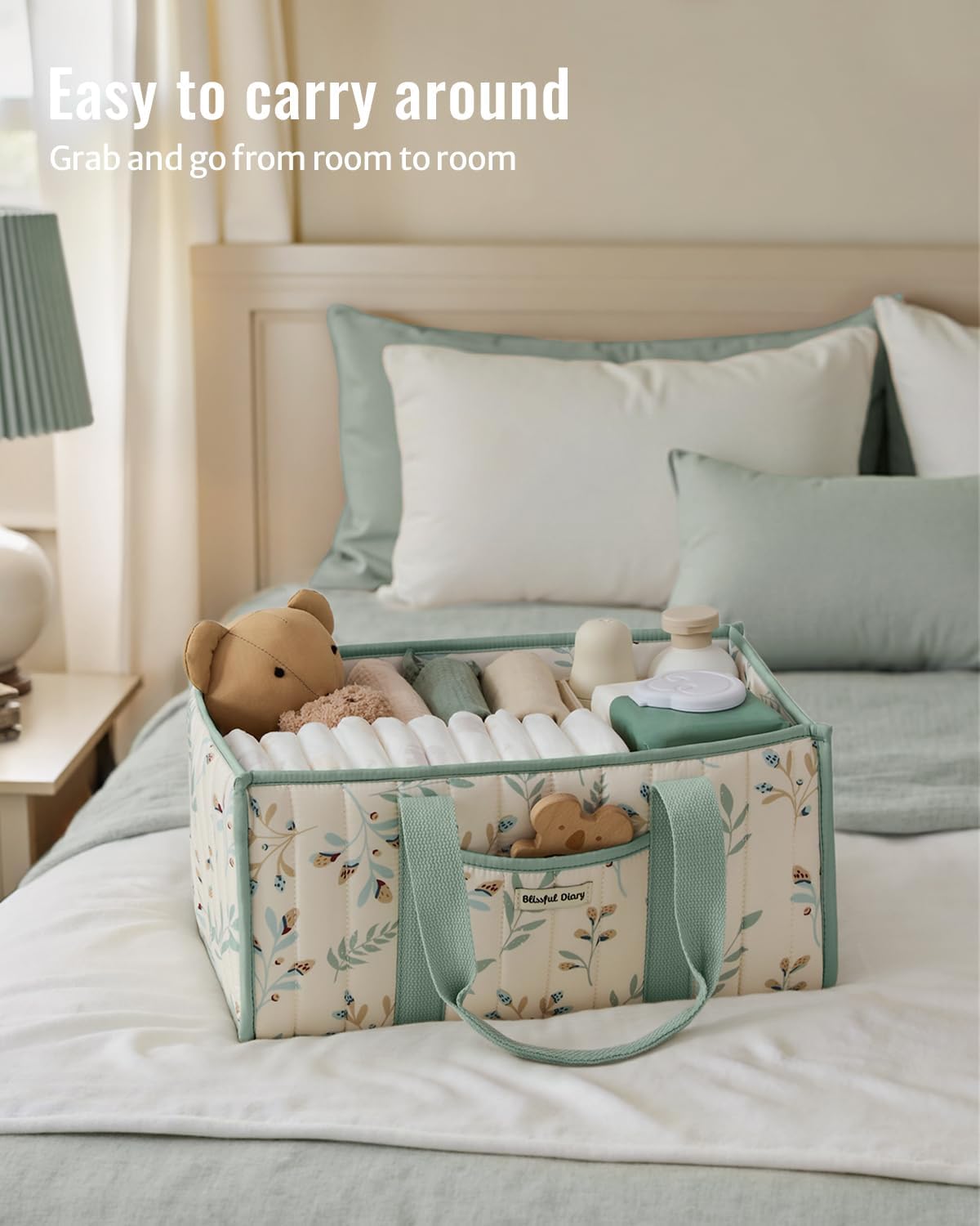 Blissful Diary Leaf Diaper Caddy Organizer, Stylish Nursery Storage Basket, Gift for Baby Shower, Newborn Essentials, Sage Leaf