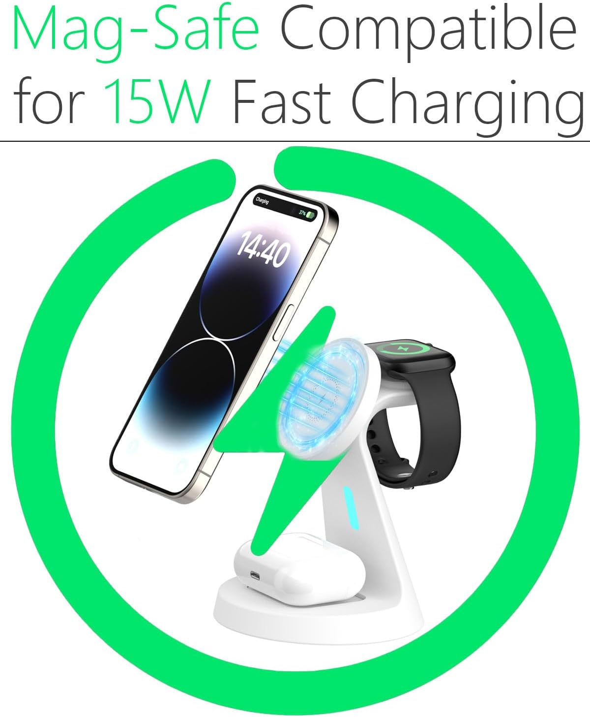 Wireless Charger,3 in 1 Charging Station,15W Phone Charger Stand | Compatible with Mag-Safe Charger for iPhone 17/16/15/14/13/12 Series, Apple Watch, AirPods (Adapter Included)