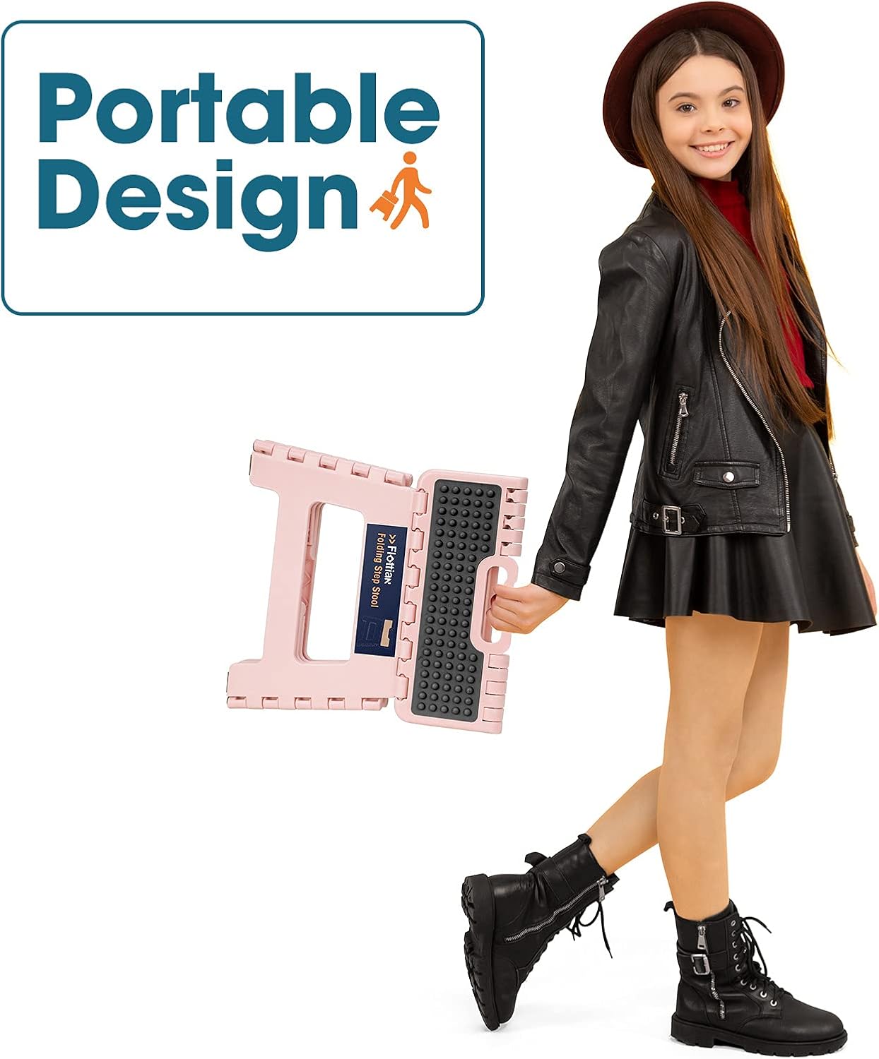 Flottian 9" Folding Step Stool for Adults and Kids Holds Up to 300 lbs,Non-Slip Folding Stools with Portable Handle, Compact Plastic Foldable Step Stool for Bathroom,Bedroom, Kitchen Sakura Pink