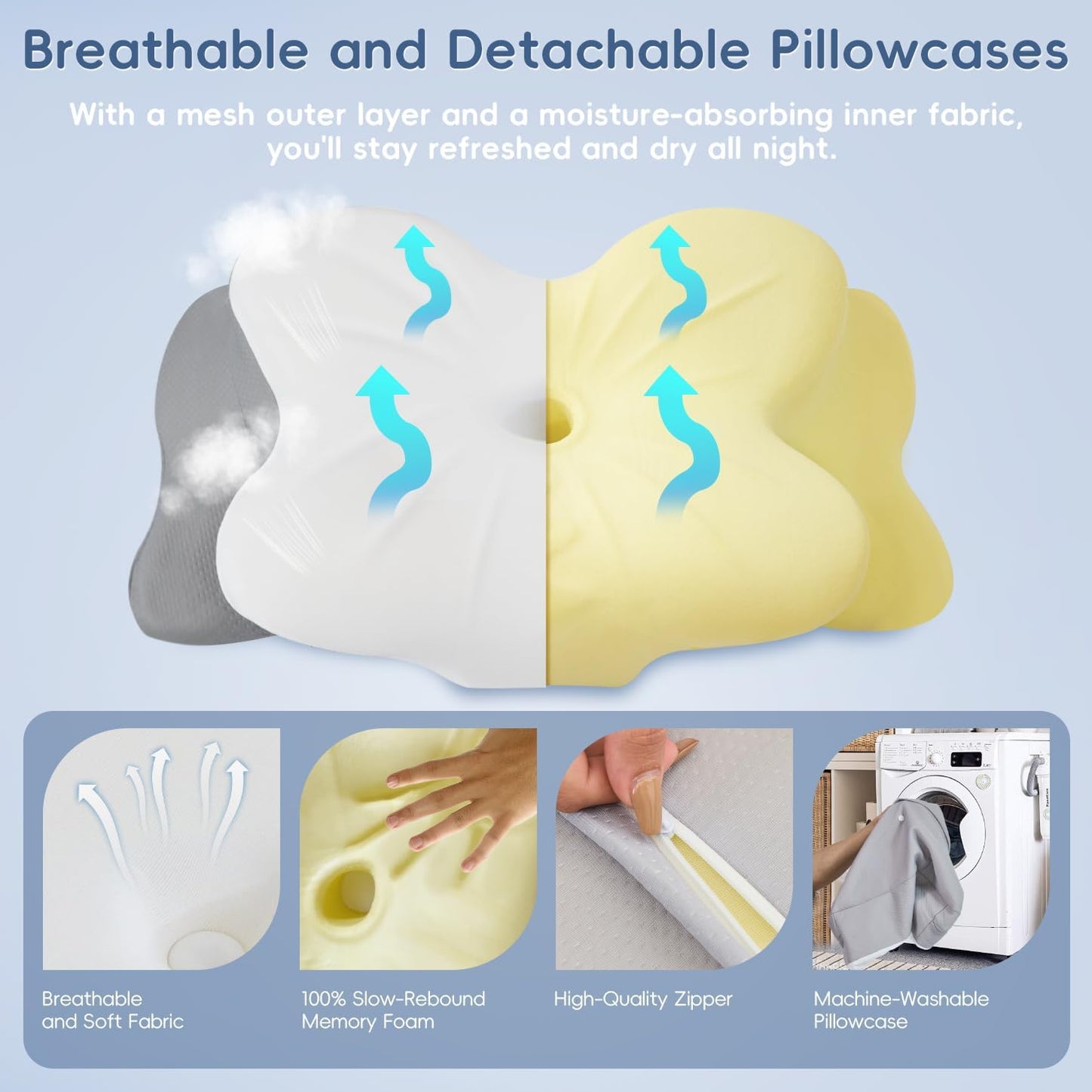 Cervical Neck Pillow, Ergonomic Memory Foam Pillows for Neck Pain Relief with Breathable Pillowcase, Adjustable Contour Neck Support Pillow for Side Back Stomach Sleepers, Odorless