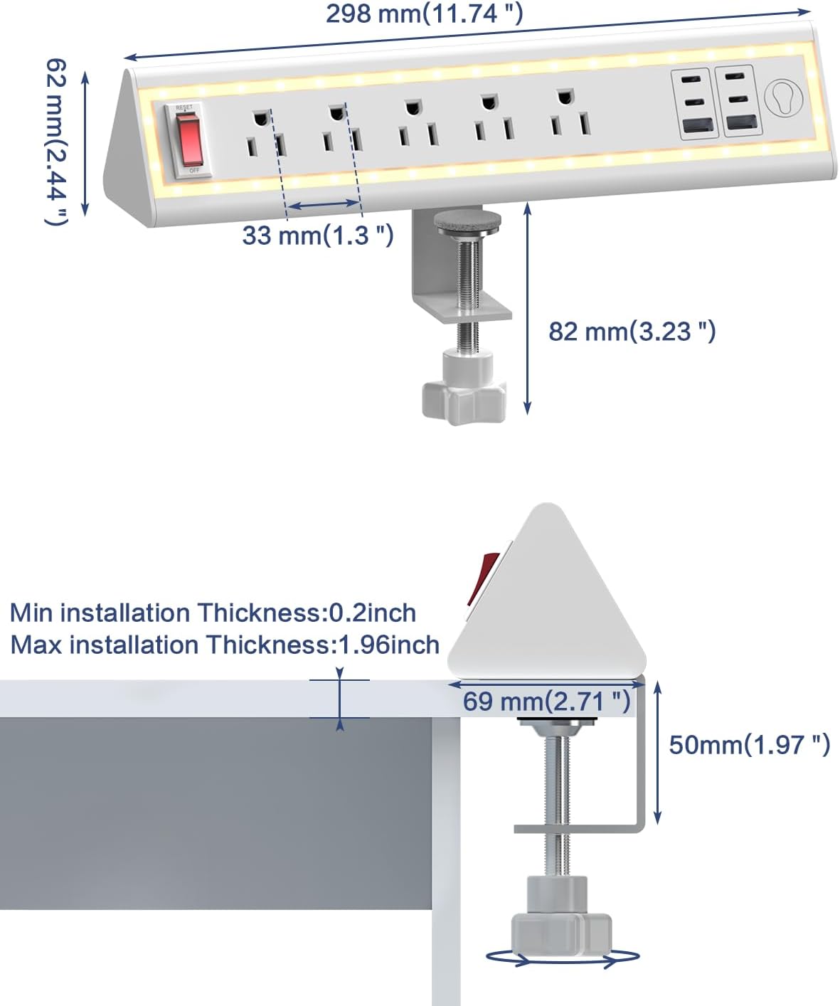 Desk Clamp Power Strip with Nightlight, 40W Fast Charging, 6FT Extension Cord, 4x20W USB-C & 2 USB Ports, 5 AC Outlets, Fits 1.69-Inch Table Edges