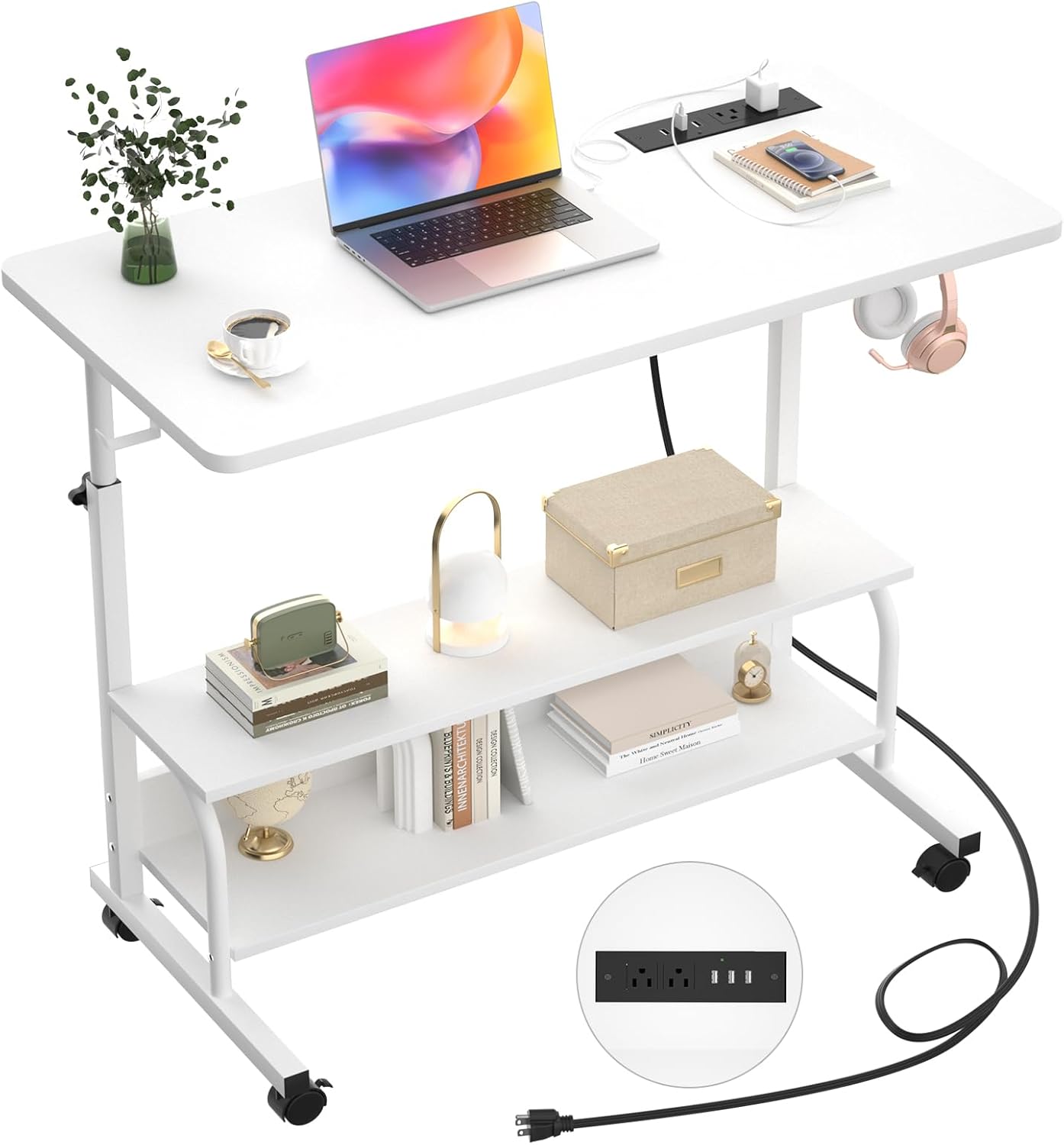 Armocity Rolling Standing Desk with Charging Station, Portable Height Adjustable Mobile Computer Desk with Wheels & 2-Tier Shelves & Hooks, Easy Assembly Laptop Table for Couch Bed, 32" White
