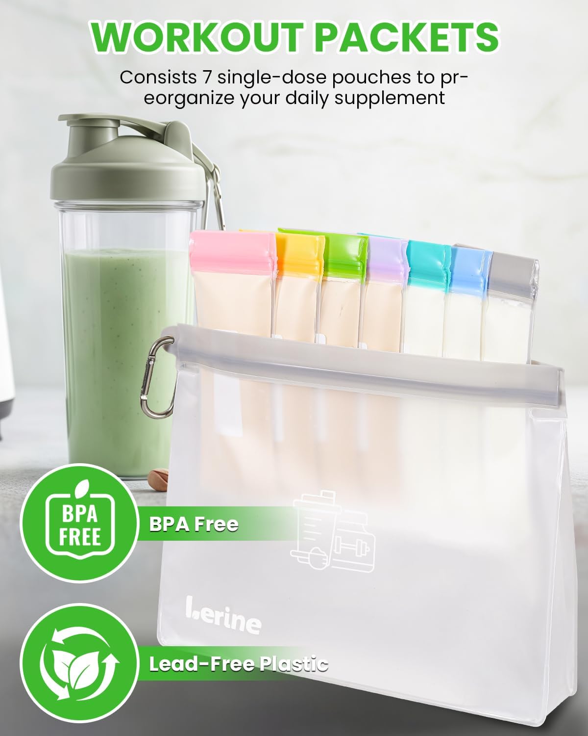 Lerine Protein Powder Travel Container Set, Reusable Protein Powder Container To Go, 21Pcs Single Dose Bags & 3Pcs Large Zip Bags, Portable Supplement Storage Containers with Funnel, Spoon