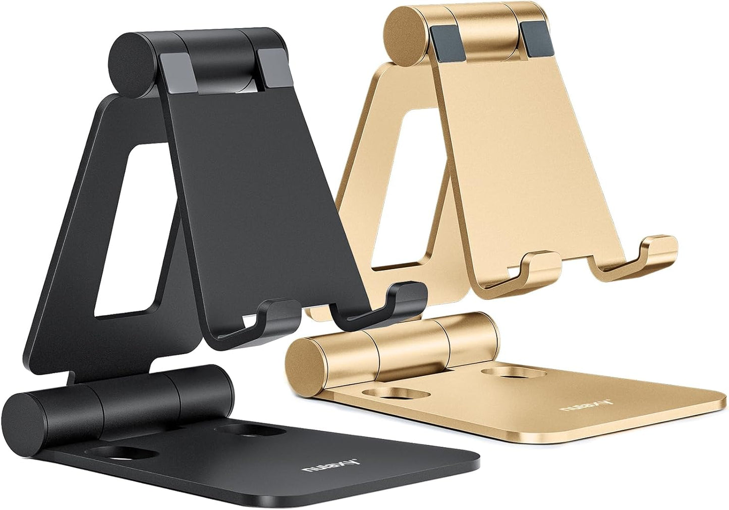 Nulaxy 2 Pack Fully Aluminum Dual Folding Cell Phone Stand, Adjustable Foldable Desktop Phone Holder for Desk Compatible with iPhone 17 16 15 14 13 12 11 Pro Max Xs Xr X 8, All Phones, Black & Silver
