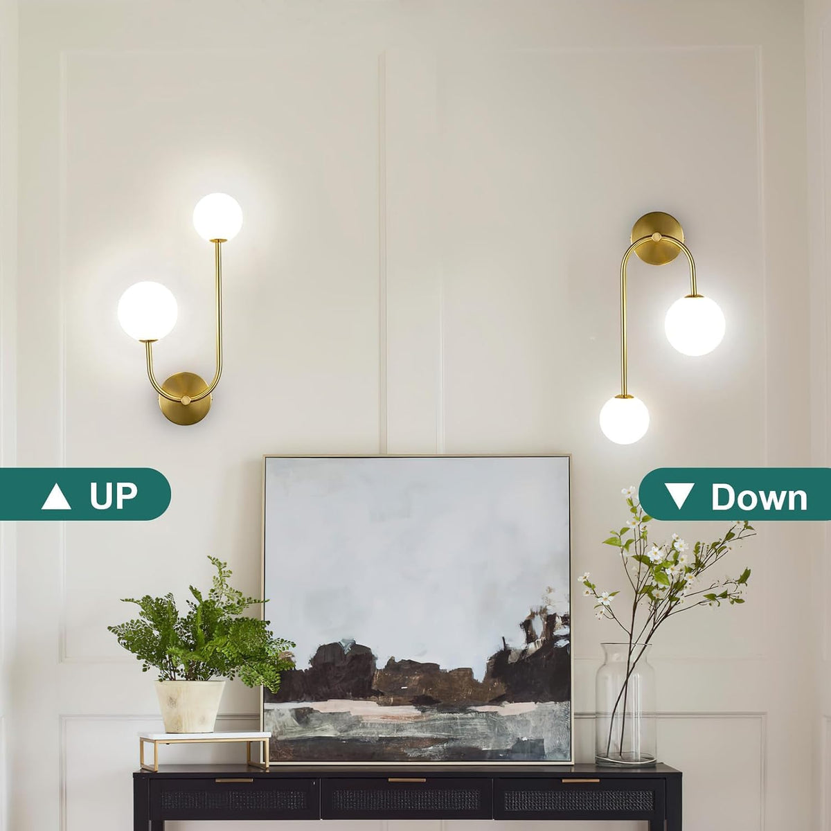 Milk Glass Wall Sconce Gold Wall Sconces Mid Century Modern Sconces Wall Lighting 2 Light Globe Sconce for Bedroom Living Room Hallway Wall Light Fixtures