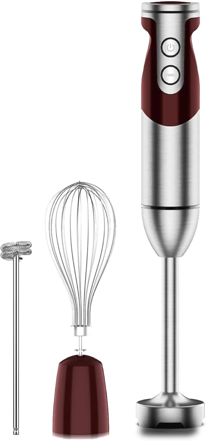 MegaWise 5-in-1 Immersion Hand Blender Set with Variable Speed, 400W, Stainless Steel - Includes Chopper, Whisk, Milk Frother, and Beaker - Ideal for Soups, Smoothies, Baby Food & More (RED)