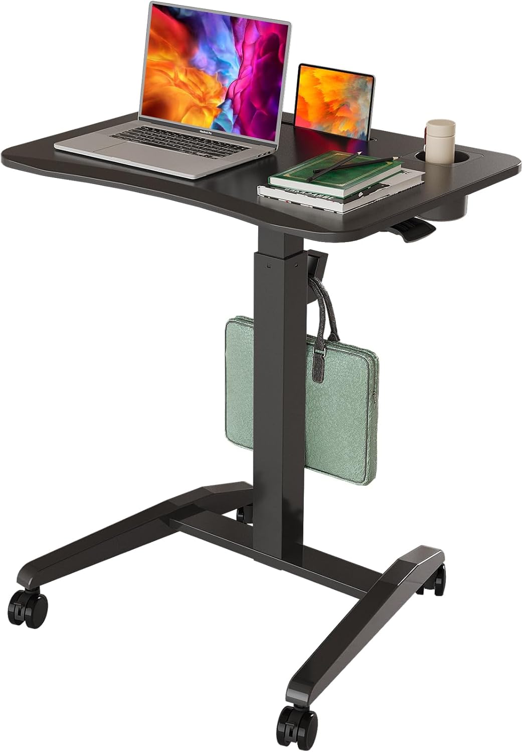 Gibbon Mounts Glass Mobile Standing Desk, Height Adjustable Rolling Laptop Table, 27 inches Portable Sit Stand Desk with Wheels and Hook, Pneumatic Computer Workstation, White