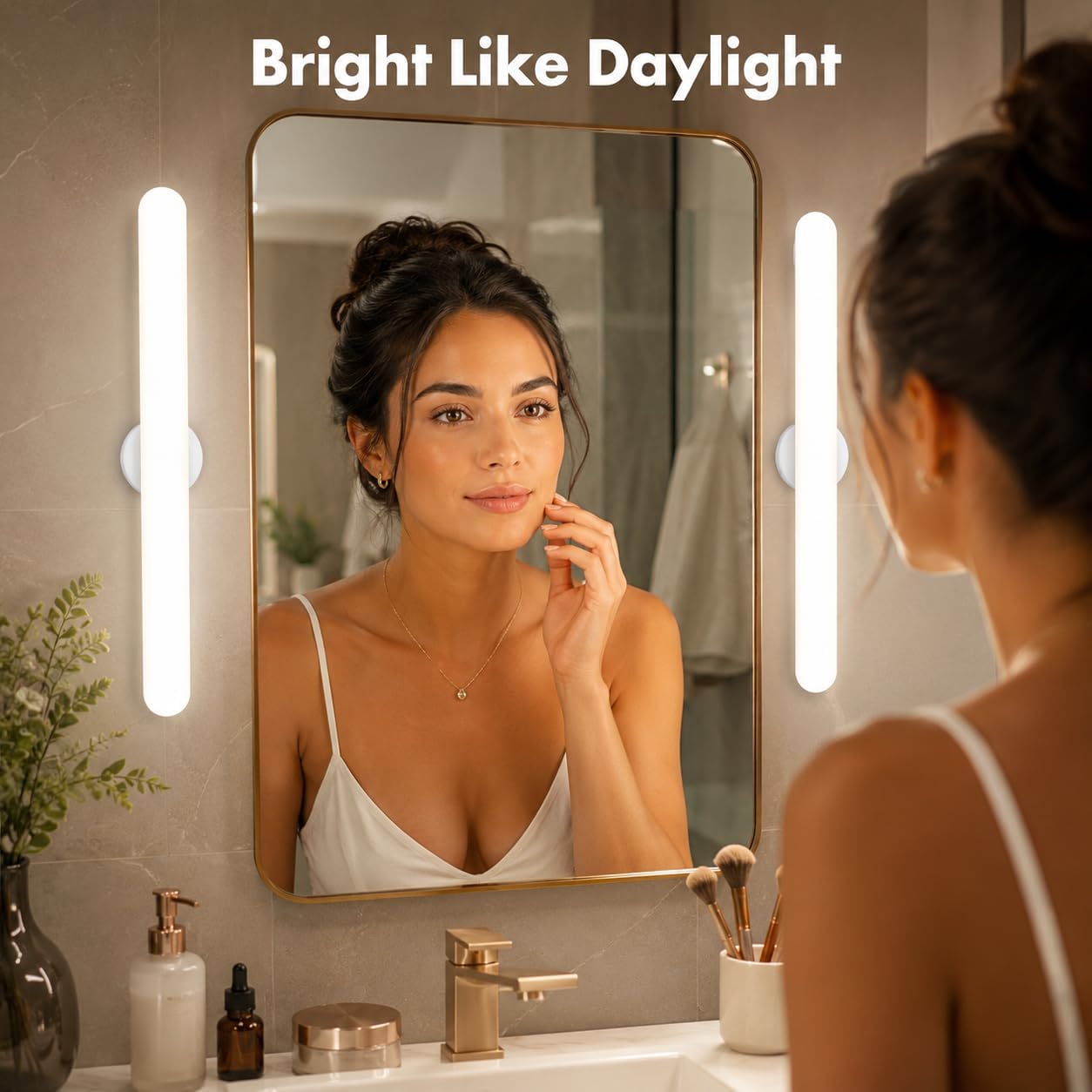 cambk Set of 2 Wireless Vanity Makeup Lights for Mirror, Stick On Rechargeable Light Bar for Bathroom Mirror with 3 CCT&Dimmable, Cordless Battery Operated Touch Control Lighting