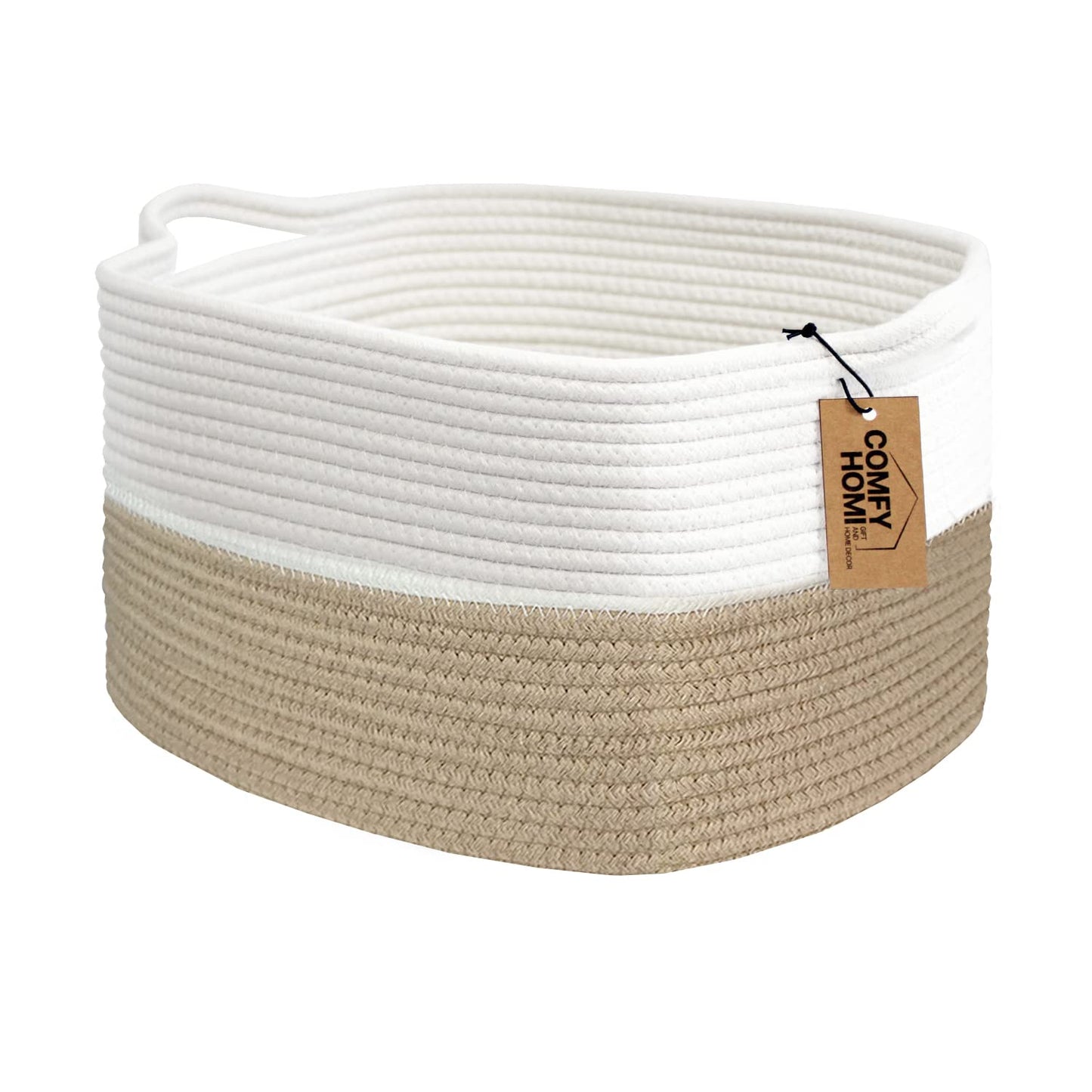 COMFY-HOMI Cotton Rope Woven Basket with Handles for Shelves,Toys,Book, Cloth Storage Baskets Bin for Organizing- 1 PCSToy Decorative Organizer for Living Room, Bathroom