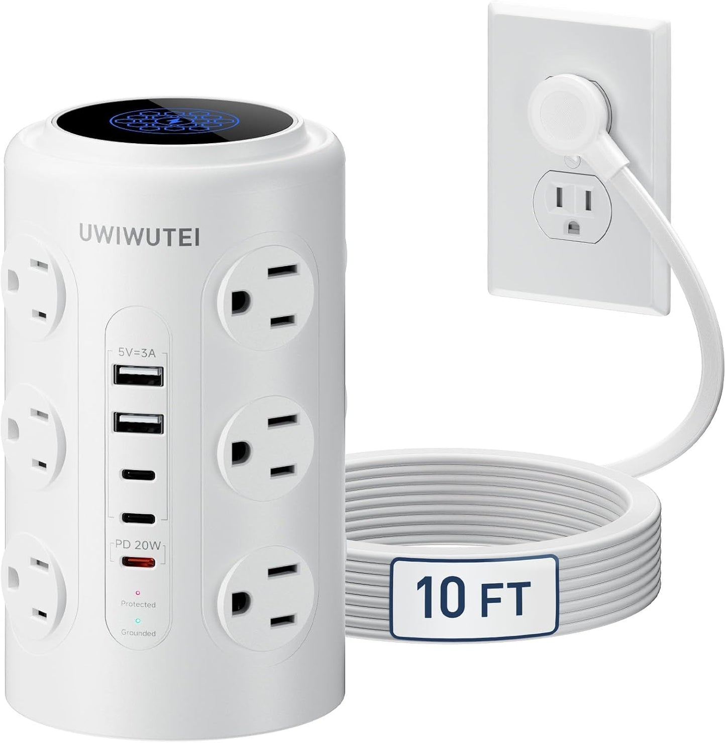 Tower Power Strip with 1 Dedicated PD 20W Fast-Charging Port, 12 Outlets, 5 USB Ports (3 USB-C), 1800J Protector, Desk Charging Station for Multiple Devices,10FT Extension Cord, Home Office Essentials
