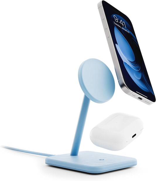 Twelve South HiRise 2 Deluxe 2-in-1 Wireless Charging Station, Glacial Blue | The Qi2 magnetic arm delivers 15W to your iPhone while the 5W base tops up AirPods Pro; tilts 70 degrees for StandBy mode.