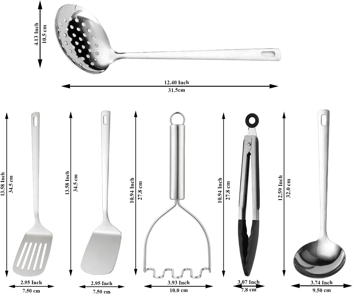 Kyraton Stainless Steel Kitchen Utensils Set 6 Pieces, Cooking Utensil Set Include Metal Spatula Sets, Skimmer, Ladle, Tongs, Potato Masher, Dishwasher Safe