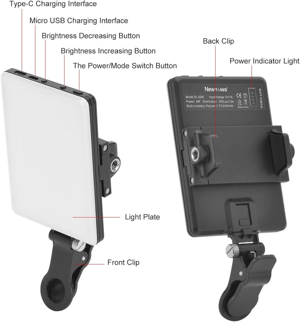 Newmowa 60 LED High Power Rechargeable Clip Fill Video Conference Light with Front & Back Clip, Adjusted 3 Light Modes for Phone, iPhone, Android, iPad, Laptop, for Makeup, TikTok, Selfie, Vlog