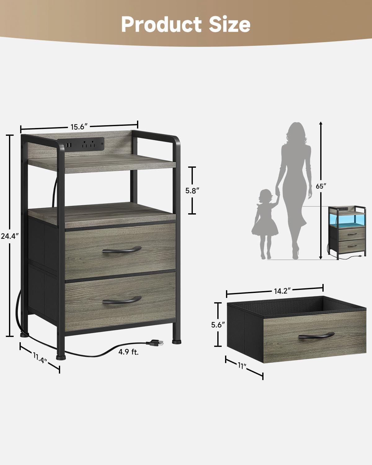 Lazzanto Night Stand Bedside Charger Bedroom - Grey Nightstand with Charging Station & LED Light Strip, Morden End Table with USB Ports & AC Outlets, Night Stand with Storage Shelf & 2 Fabric Drawers